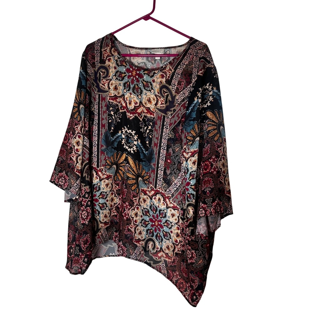 Tanzara Womens Plus Size 22/24 Boho Paisley Floral Sharkbite Hem Tunic Top Multi